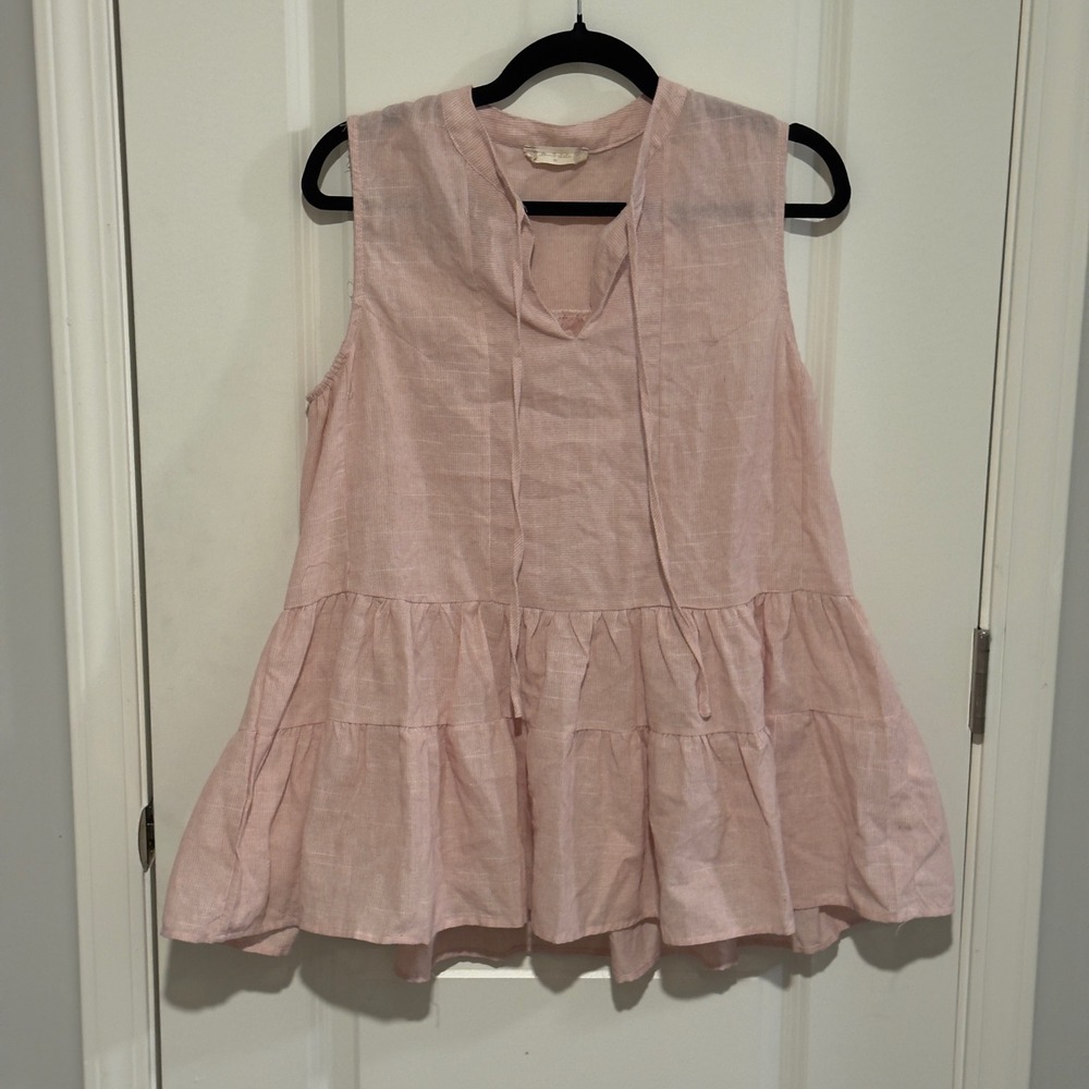 Altard State Pink Striped Tiered Ruffle Neck Tie Tunic Top Womens M